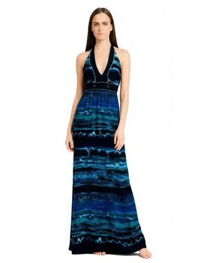 New Directions Halter Top Maxi Dress Navy Blue Multi Striped Women's Size 8